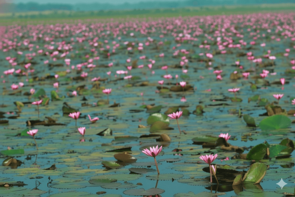 Dibir Haor, a prime example of Sylhet’s Hidden Gems, featuring a breathtaking seasonal bloom of vibrant red Shapla (water lilies) covering the dark, tranquil water surface of the haor.