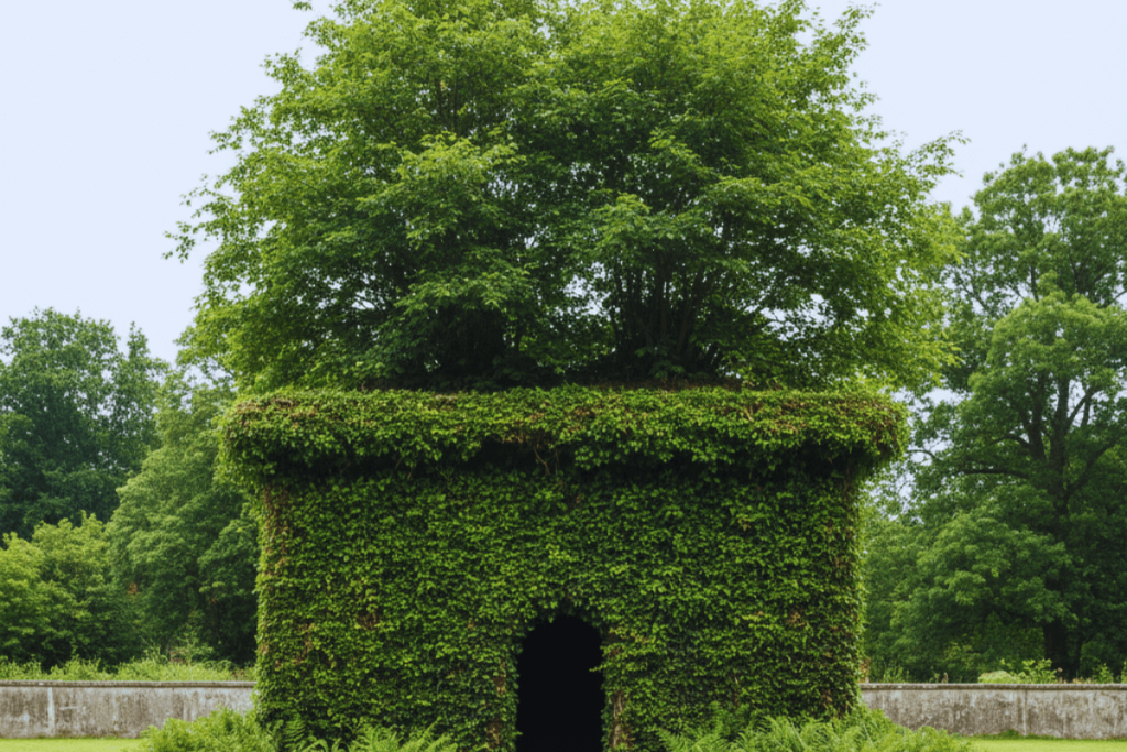 A unique Khasi tribal village house, one of Sylhet's Hidden Gems for cultural exploration, showing traditional wooden architecture nestled amongst lush green hills and betel leaf plantations.